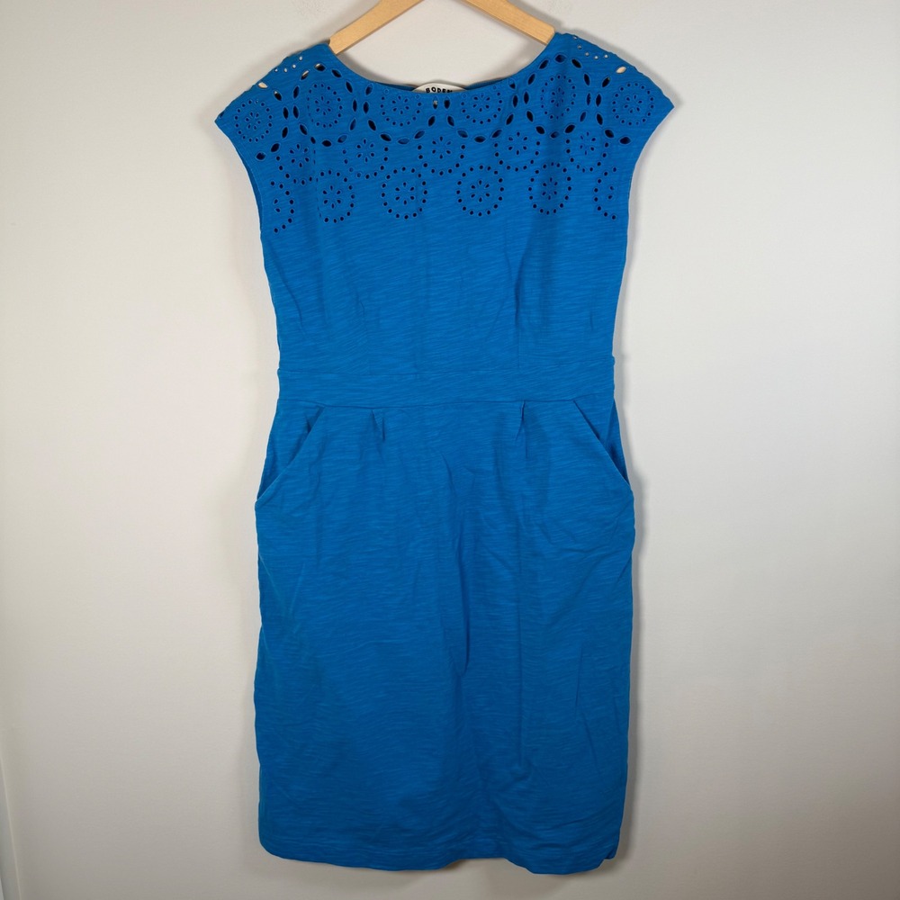 Boden Florrie Broderie Anglaise Eyelet Sheath Dress Size 10 Long Blue Cap Sleeve